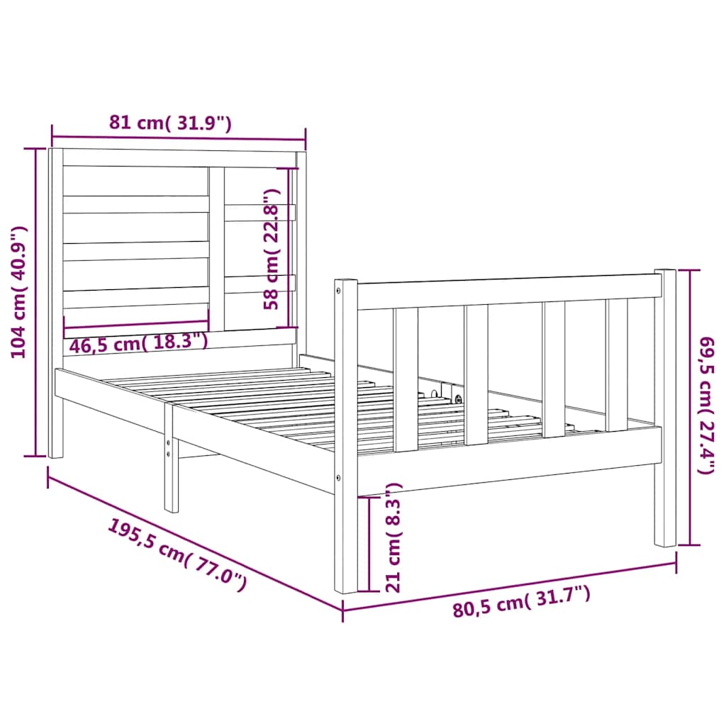 Cadre de lit sans matelas noir bois massif 75x190 cm - XIOS