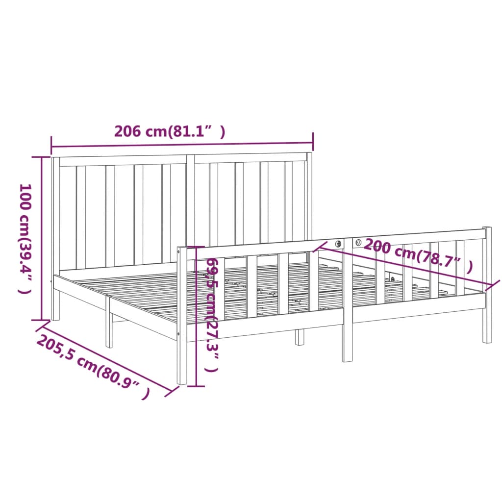 Cadre de lit sans matelas noir 200x200 cm bois massif de pin - XIOS