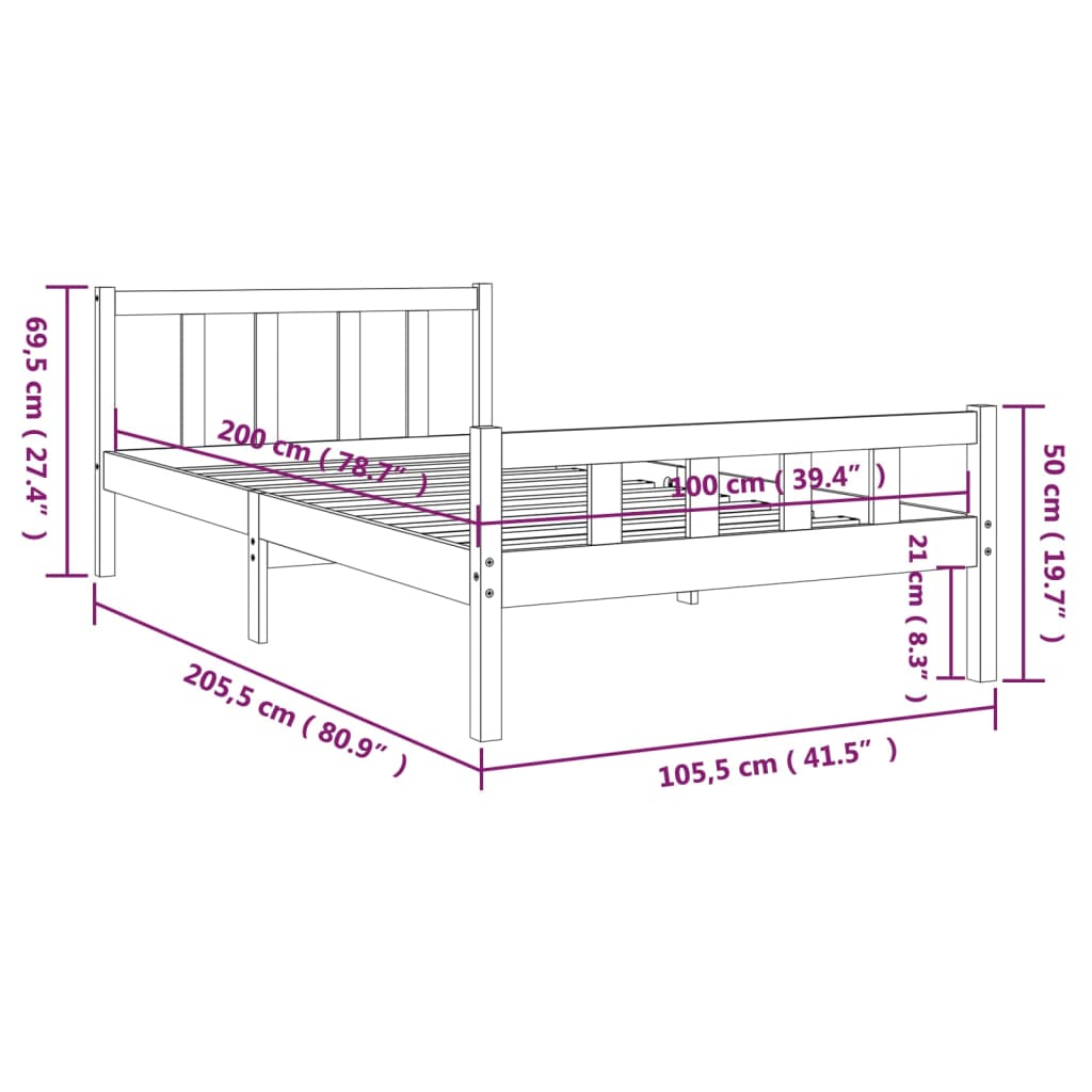 Cadre de lit sans matelas gris bois massif 100x200 cm - XIOS