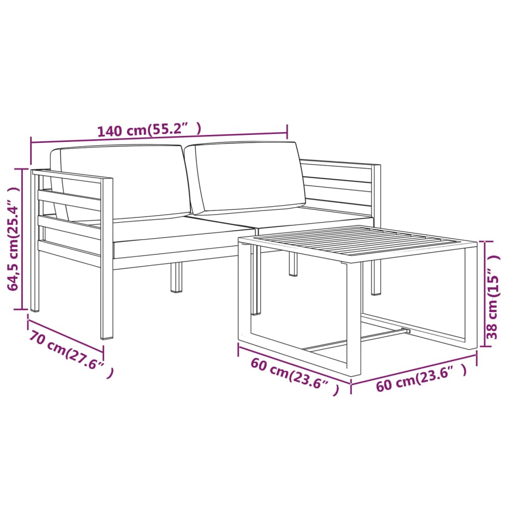 Salon de jardin 3 pcs avec coussins Aluminium Anthracite