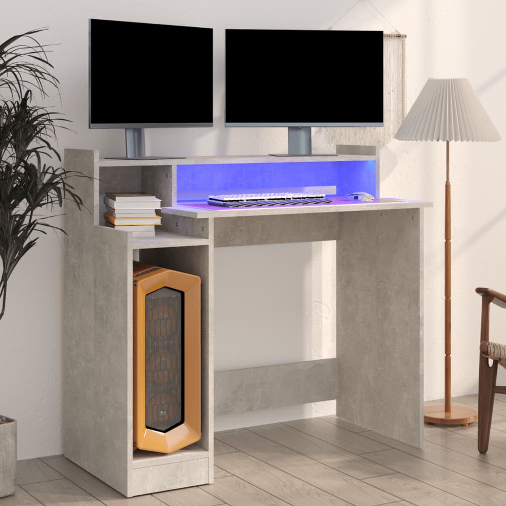 Bureau et lumières LED Gris béton 97x45x90 cm Bois d'ingénierie - XIOS