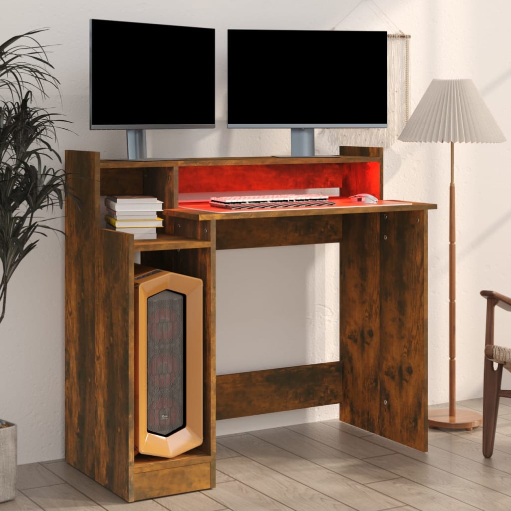 Bureau et lumières LED Chêne fumé 97x45x90 cm Bois d'ingénierie - XIOS
