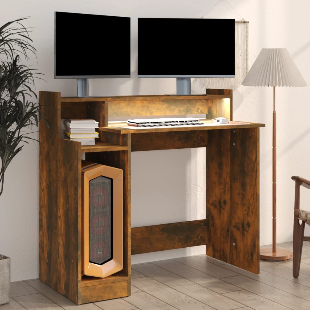 Bureau et lumières LED Chêne fumé 97x45x90 cm Bois d'ingénierie - XIOS