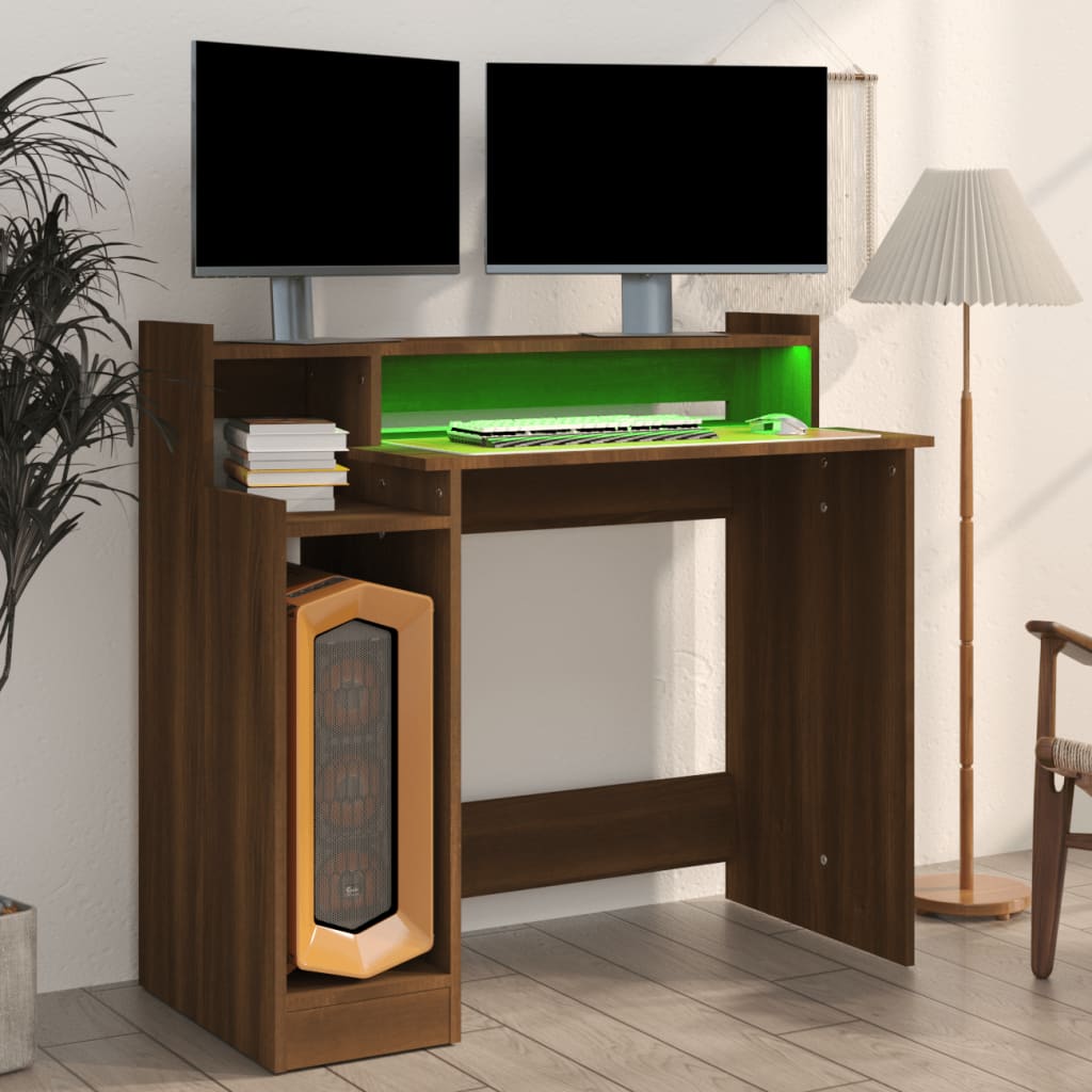 Bureau et lumières LED Chêne brun 97x45x90 cm Bois d'ingénierie - XIOS
