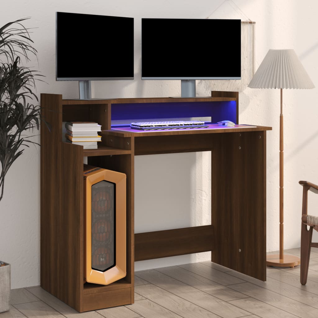Bureau et lumières LED Chêne brun 97x45x90 cm Bois d'ingénierie - XIOS