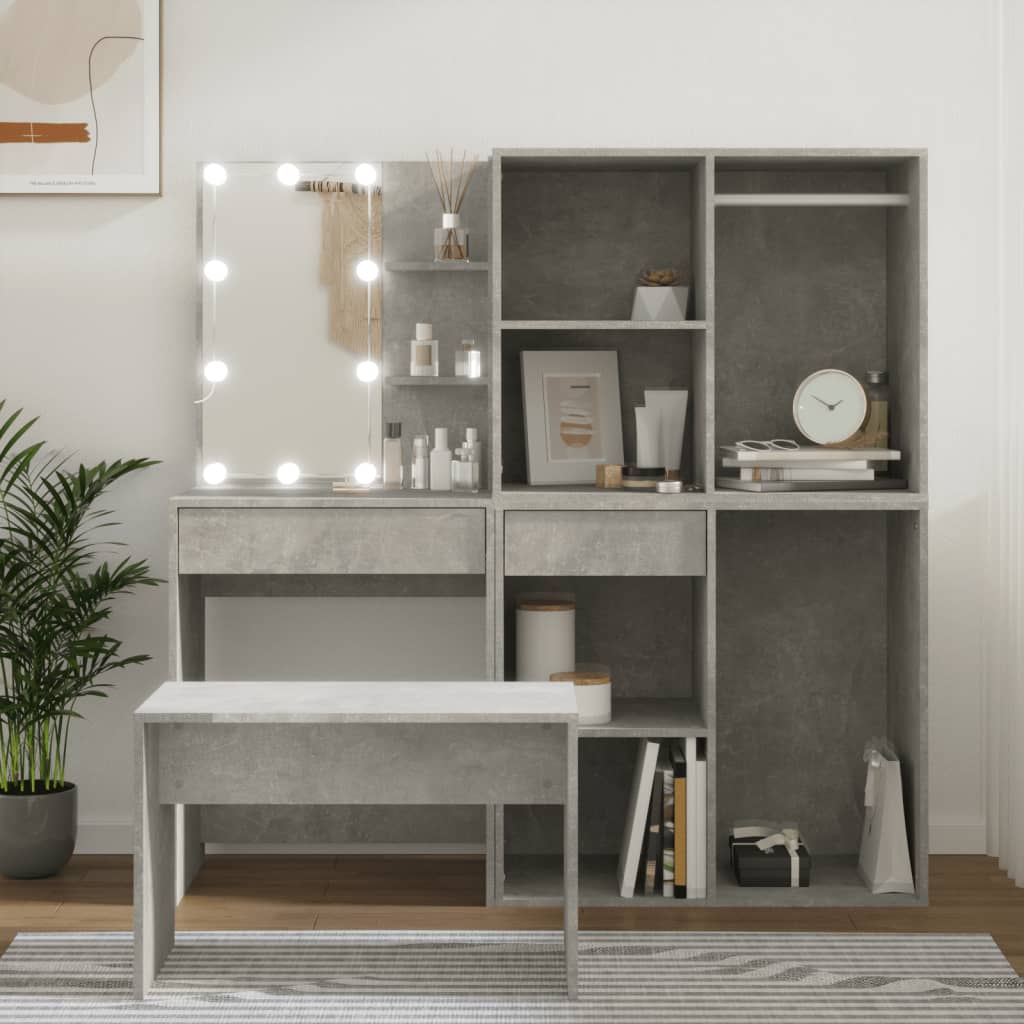 Ensemble de coiffeuse avec LED Gris béton Bois d'ingénierie