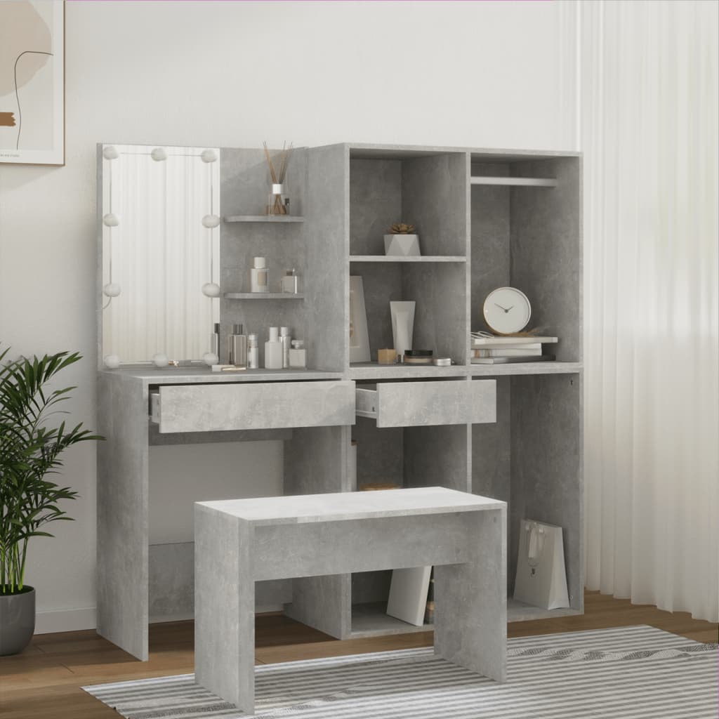 Ensemble de coiffeuse avec LED Gris béton Bois d'ingénierie