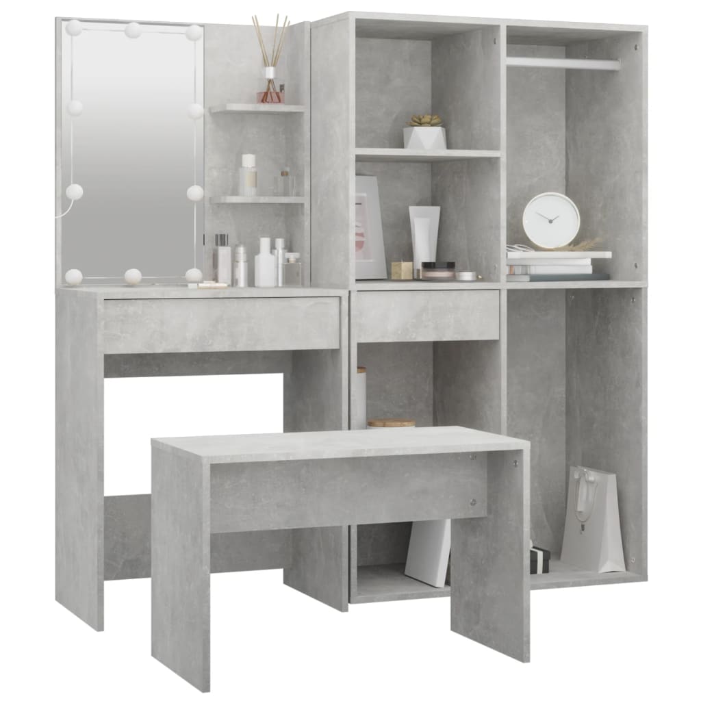 Ensemble de coiffeuse avec LED Gris béton Bois d'ingénierie
