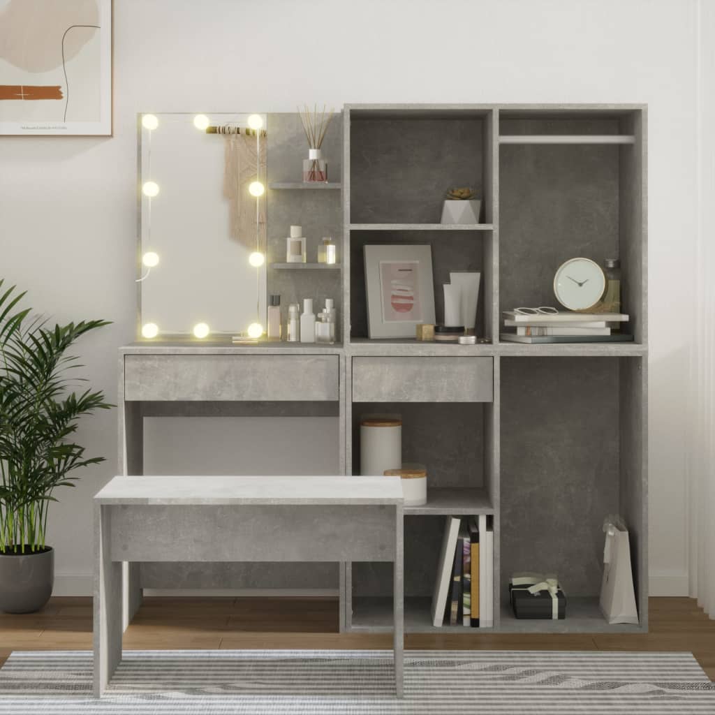 Ensemble de coiffeuse avec LED Gris béton Bois d'ingénierie