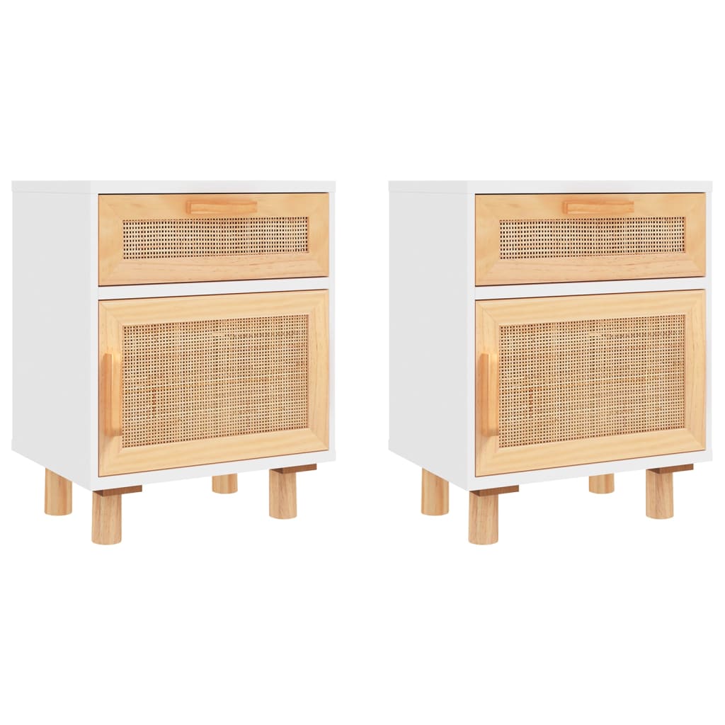 Tables de chevet 2pcs Blanc Bois de pin massif et rotin naturel - XIOS