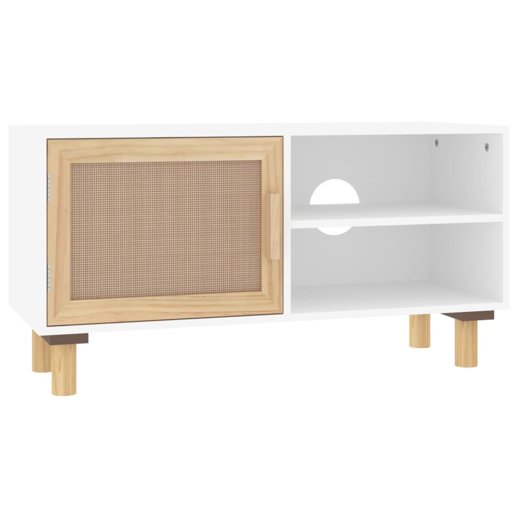 Meuble TV Blanc 80x30x40 cm Bois de pin massif et rotin naturel - XIOS