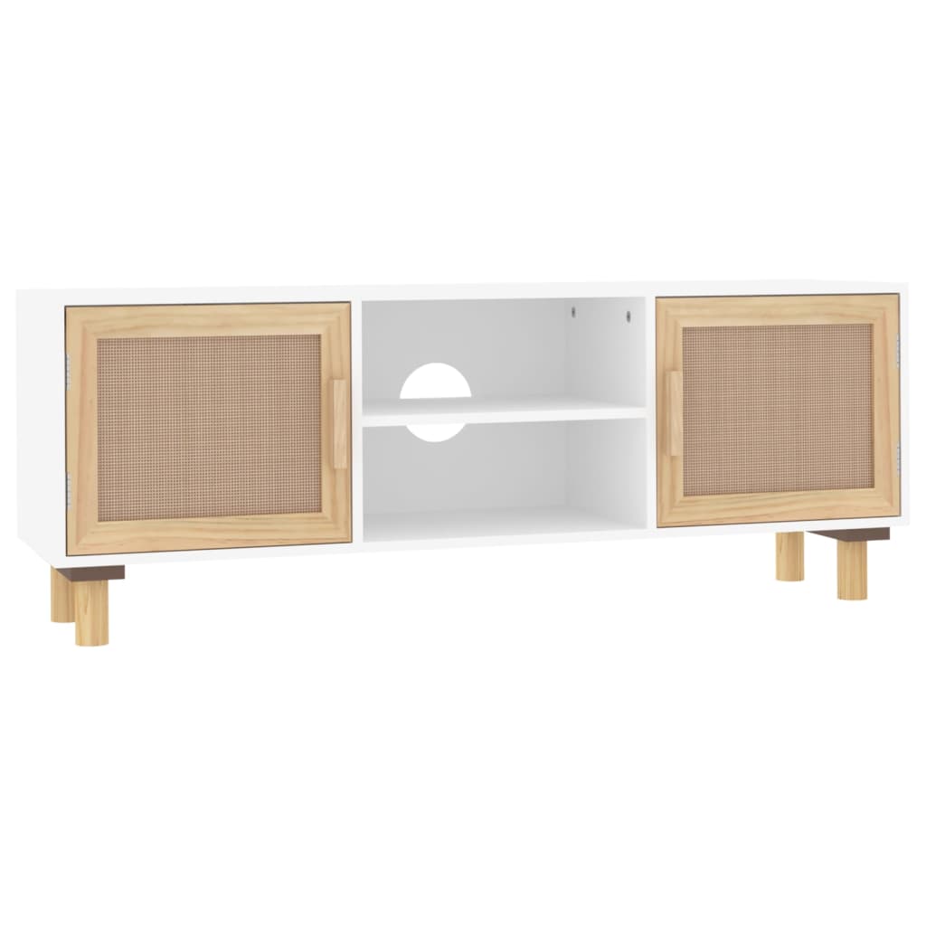 Meuble TV Blanc 105x30x40cm Bois de pin massif et rotin naturel - XIOS
