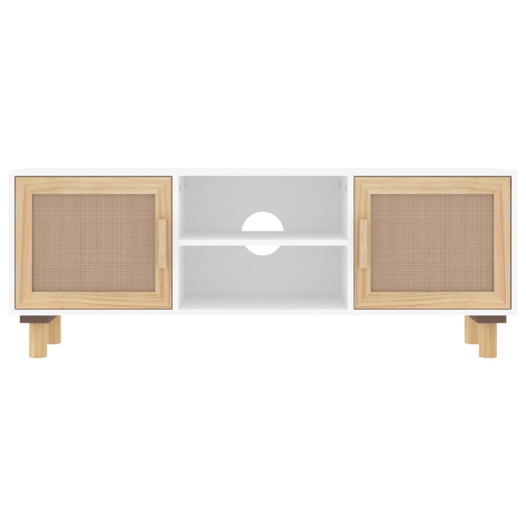 Meuble TV Blanc 105x30x40cm Bois de pin massif et rotin naturel - XIOS