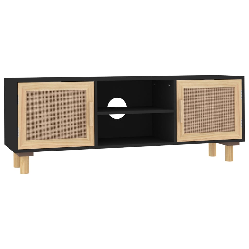 Meuble TV Noir 105x30x40cm Bois de pin massif et rotin naturel - XIOS
