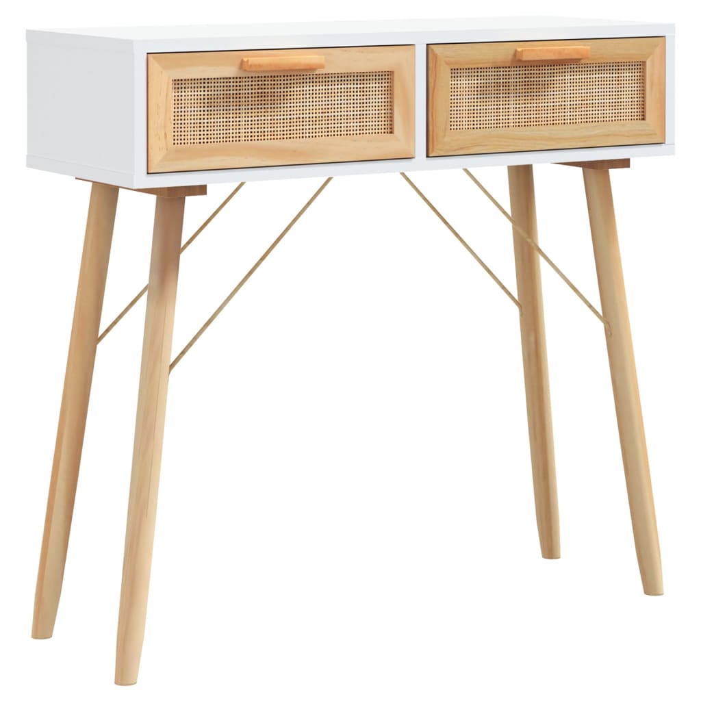 Table console Blanc 80x30x75 cm Bois massif pin /rotin naturel - XIOS