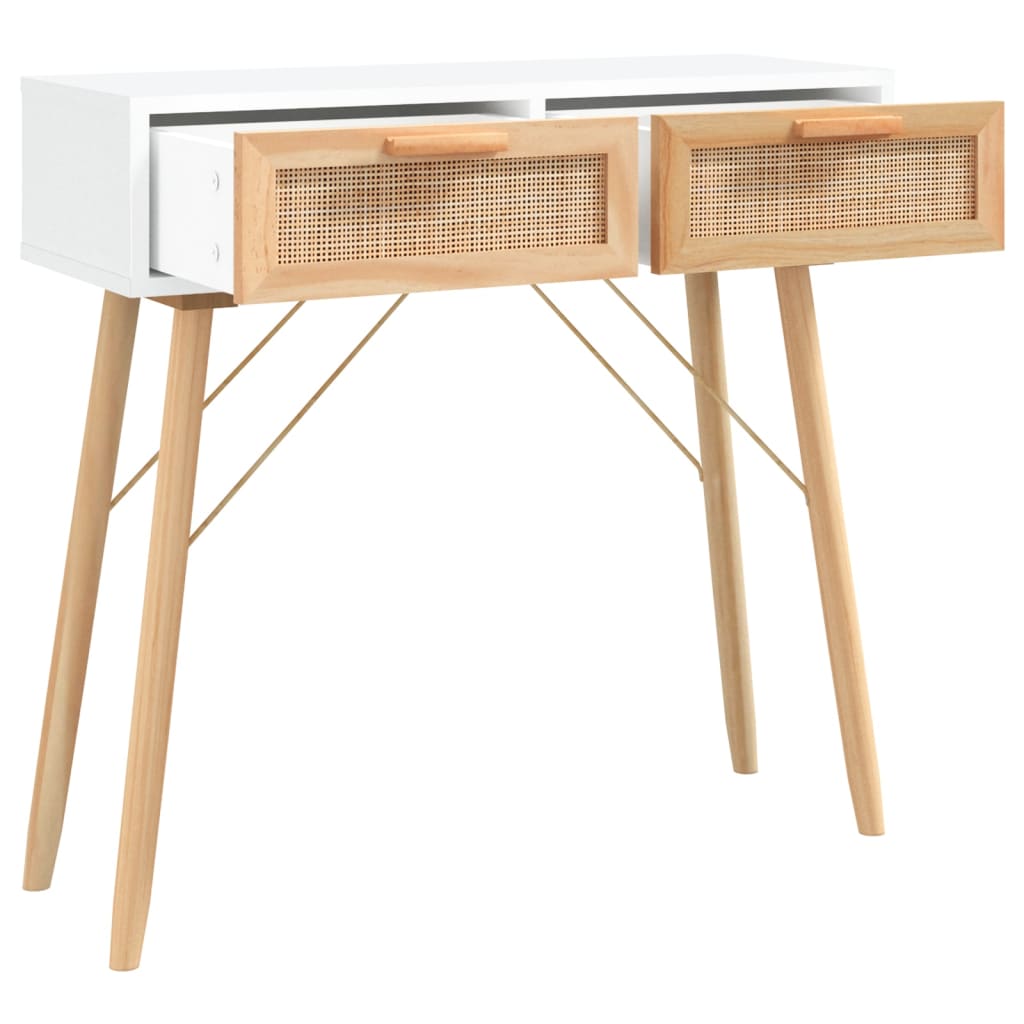 Table console Blanc 80x30x75 cm Bois massif pin /rotin naturel - XIOS