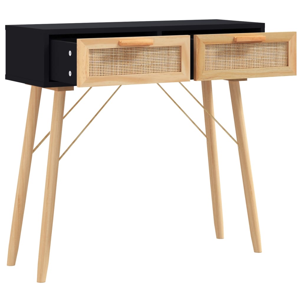 Table console Noir 80x30x75 cm Bois massif pin /rotin naturel - XIOS