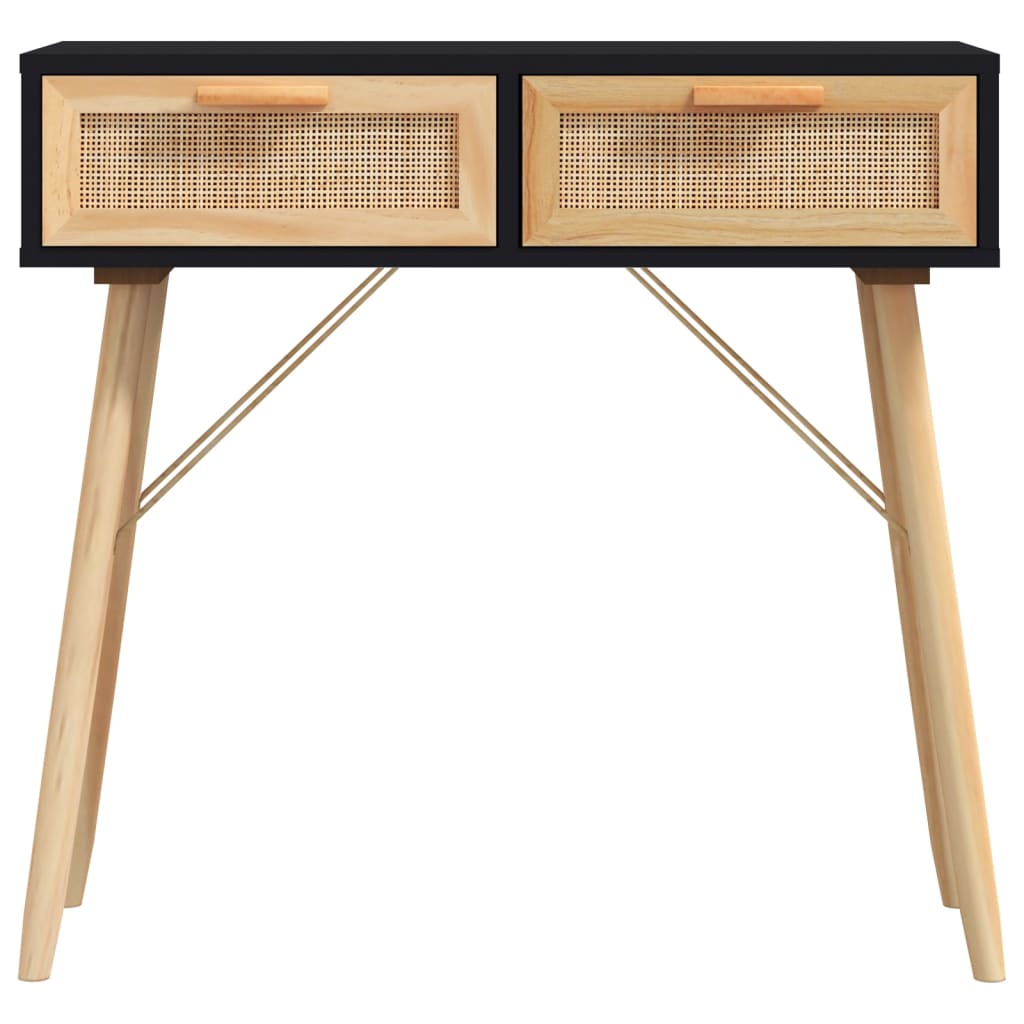 Table console Noir 80x30x75 cm Bois massif pin /rotin naturel - XIOS