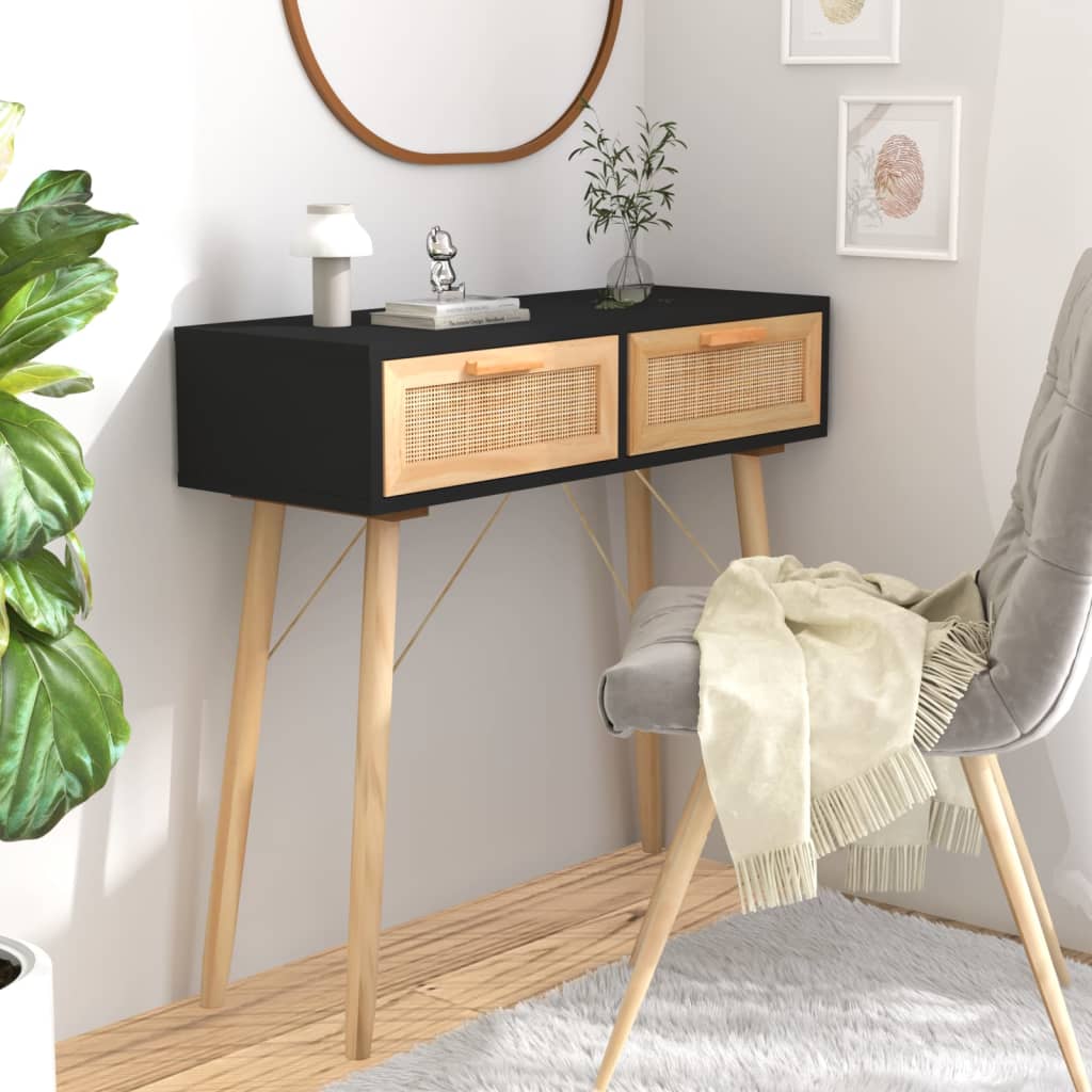 Table console Noir 80x30x75 cm Bois massif pin /rotin naturel - XIOS