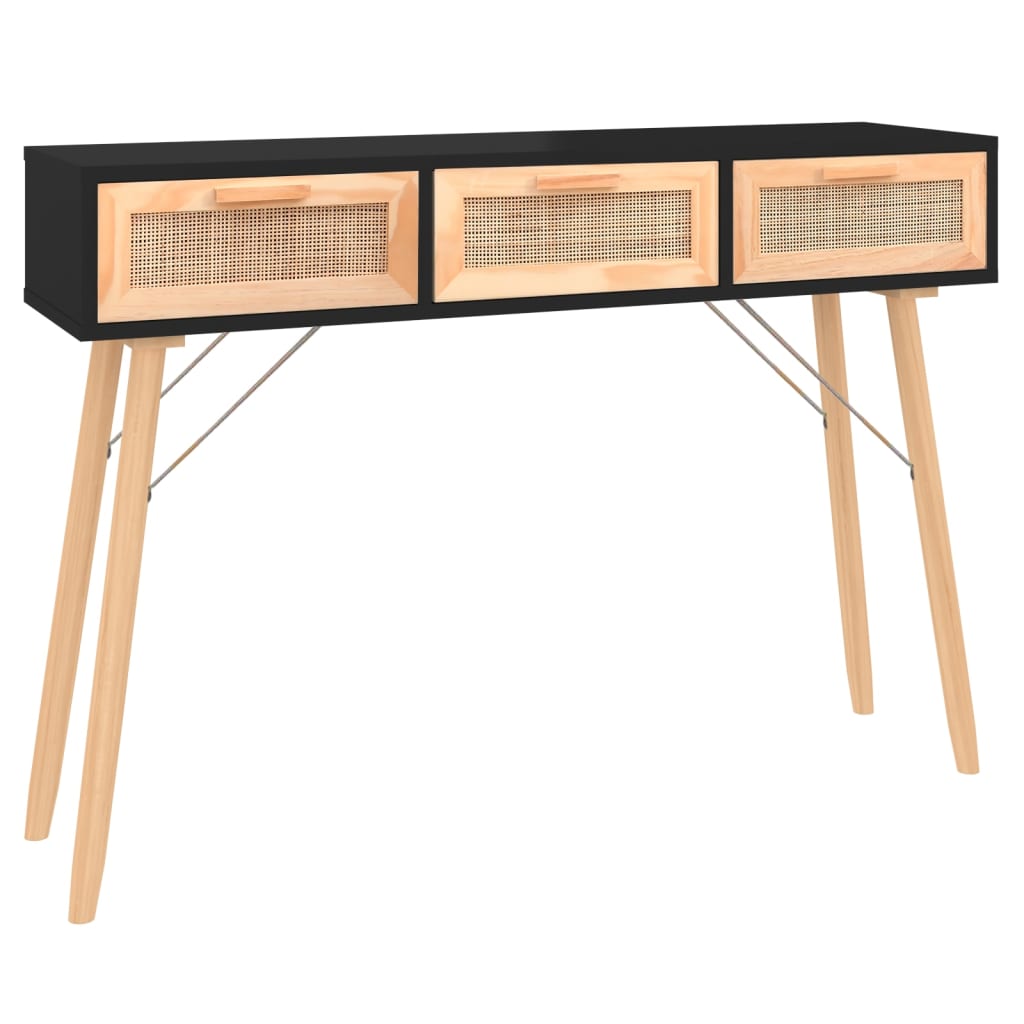 Table console Noir 105x30x75 cm Bois massif pin /rotin naturel - XIOS