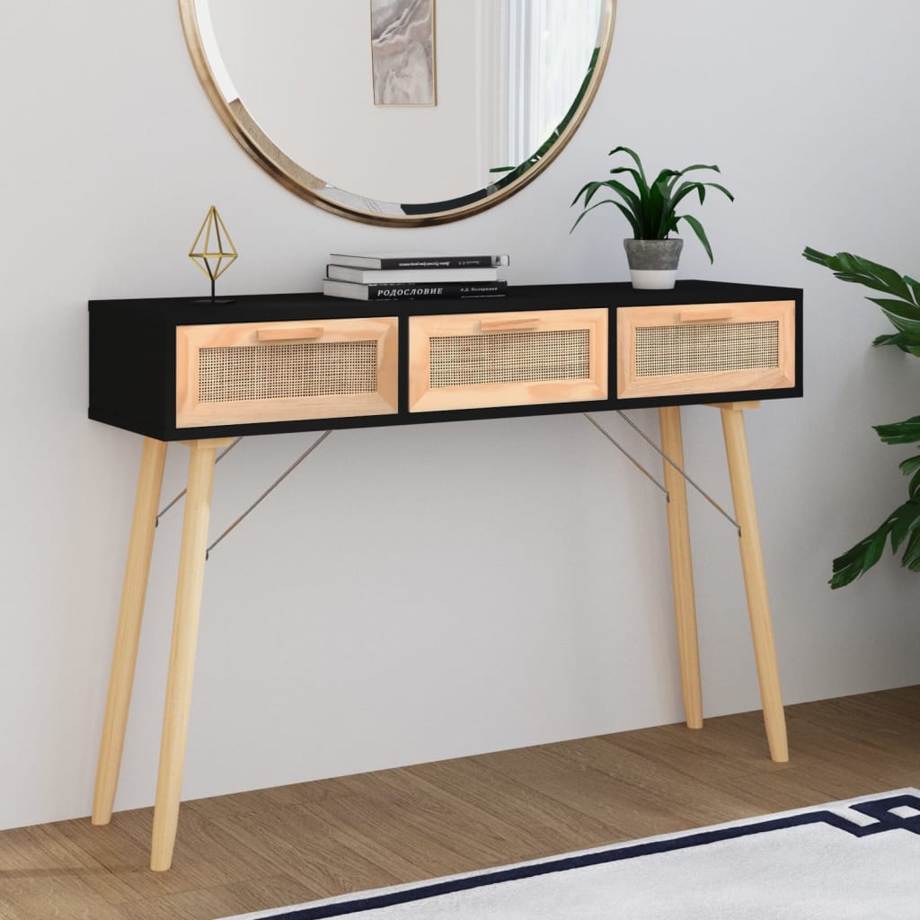 Table console Noir 105x30x75 cm Bois massif pin /rotin naturel - XIOS