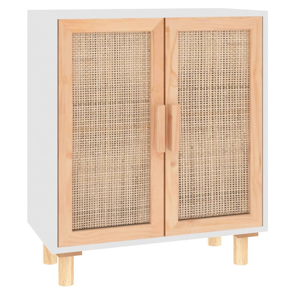 Buffet Blanc 60x30x70 cm Bois de pin massif et rotin naturel - XIOS