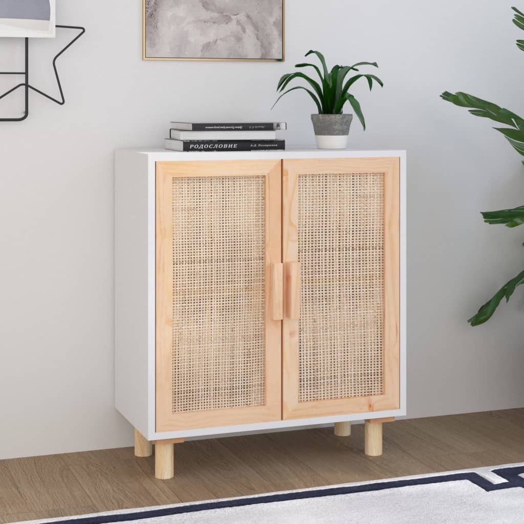 Buffet Blanc 60x30x70 cm Bois de pin massif et rotin naturel - XIOS