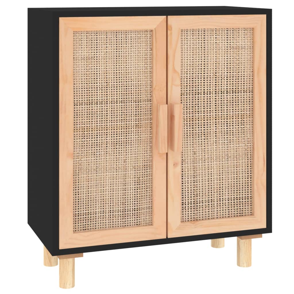 Buffet Noir 60x30x70 cm Bois de pin massif et rotin naturel - XIOS