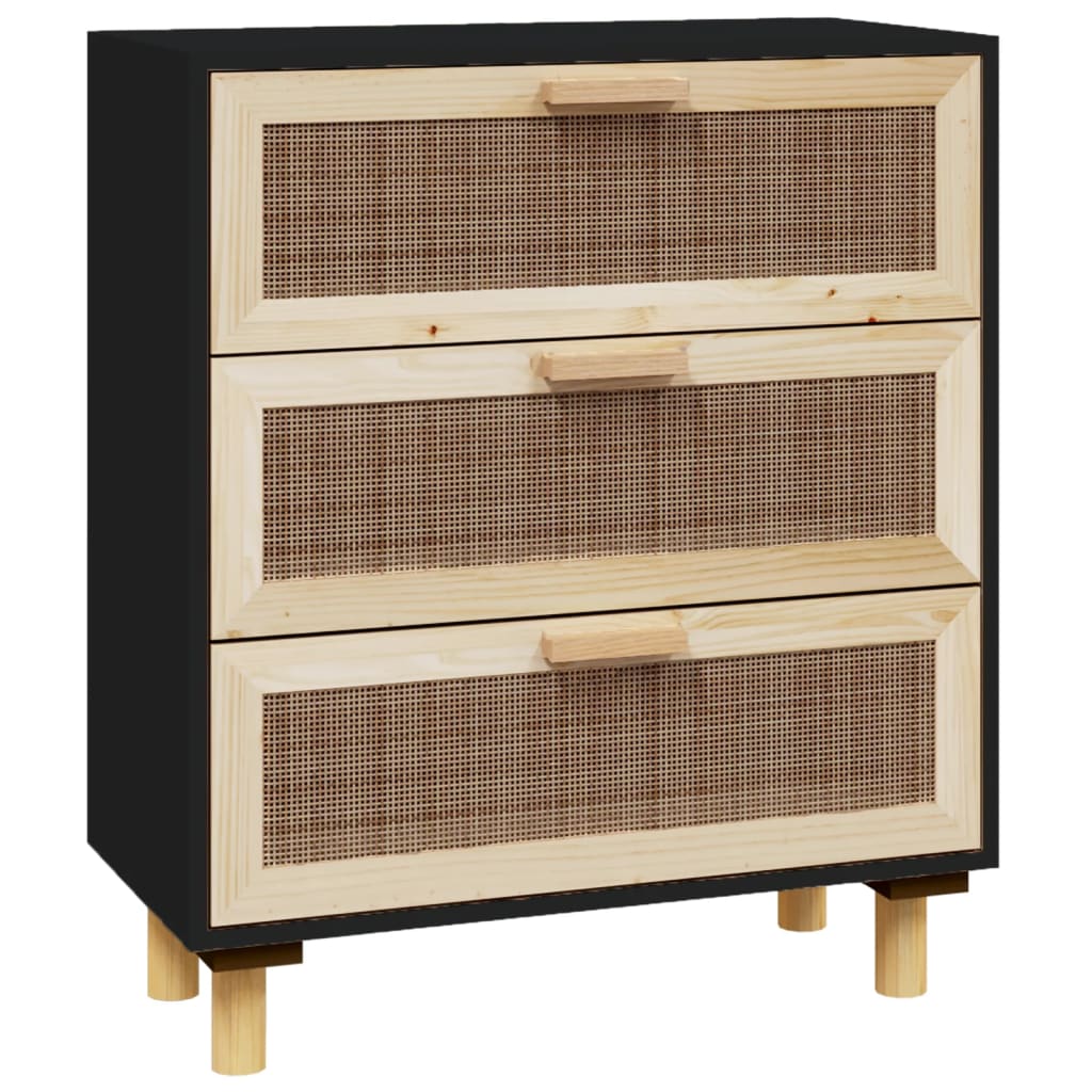 Buffet Noir 60x30x70 cm Bois de pin massif et rotin naturel - XIOS