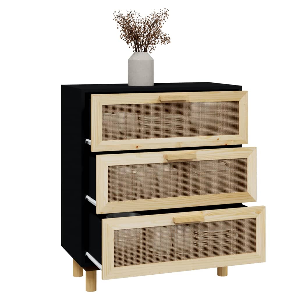 Buffet Noir 60x30x70 cm Bois de pin massif et rotin naturel - XIOS