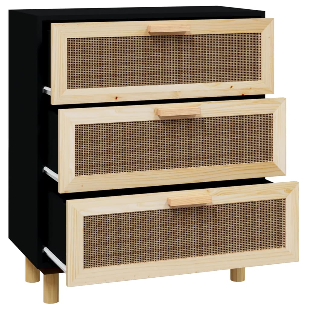 Buffet Noir 60x30x70 cm Bois de pin massif et rotin naturel - XIOS