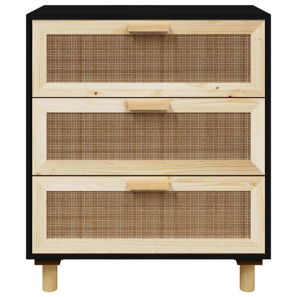 Buffet Noir 60x30x70 cm Bois de pin massif et rotin naturel - XIOS