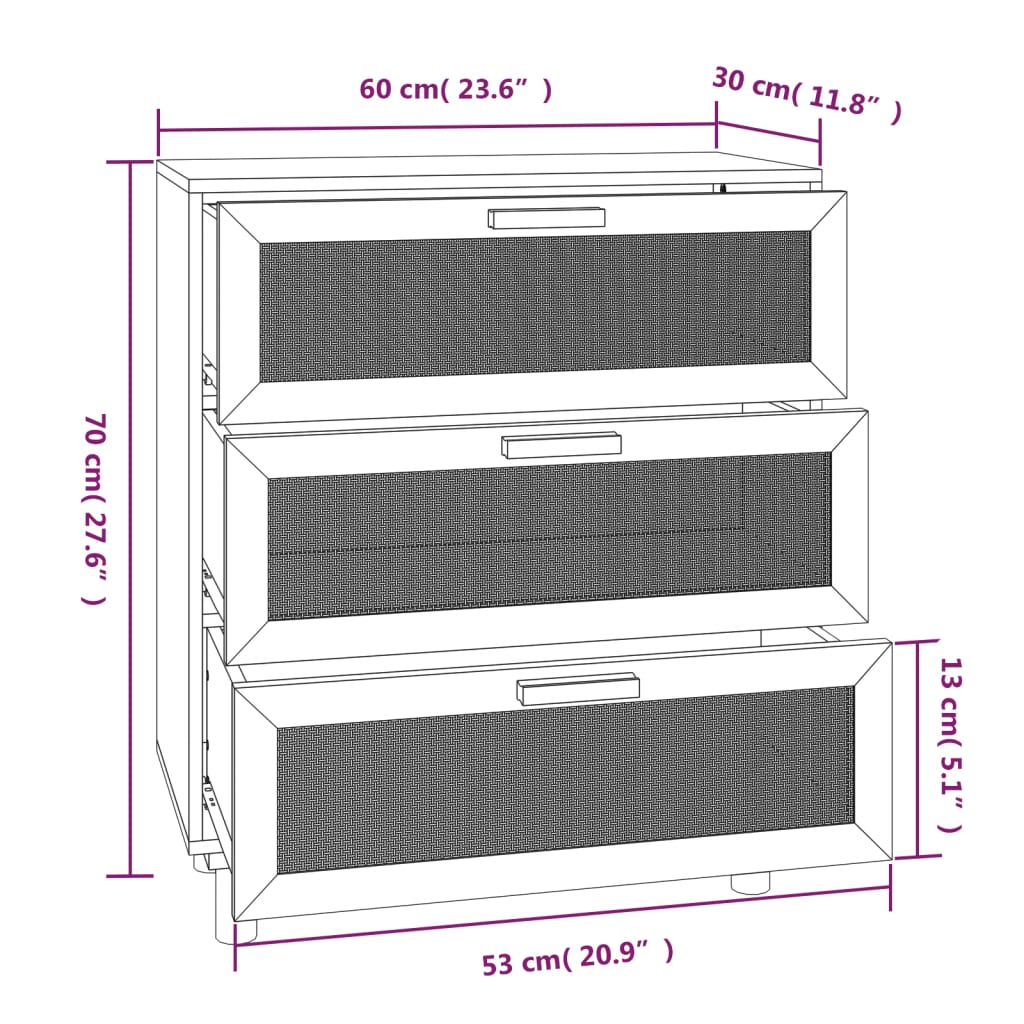 Buffet Noir 60x30x70 cm Bois de pin massif et rotin naturel - XIOS