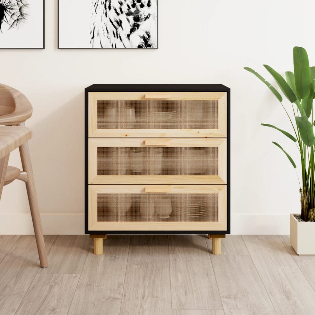 Buffet Noir 60x30x70 cm Bois de pin massif et rotin naturel - XIOS