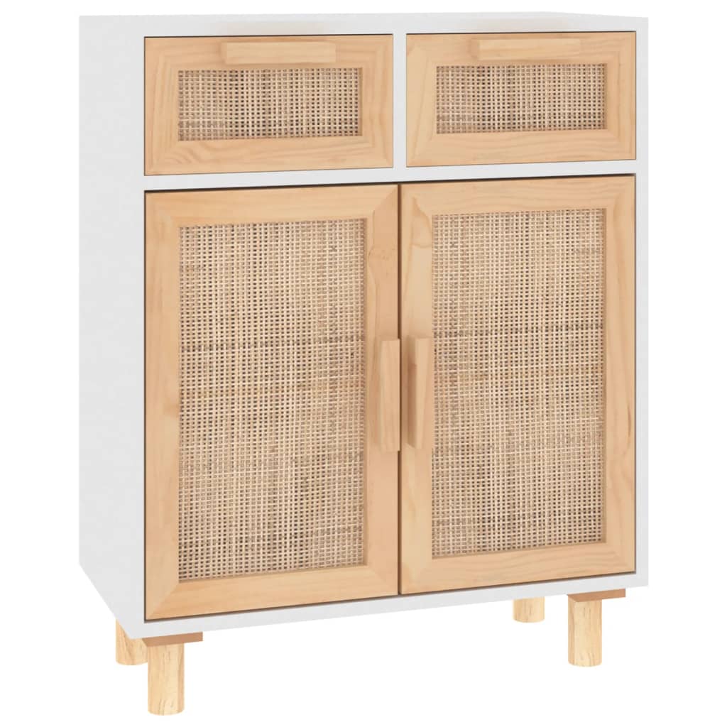 Buffet Blanc 60x30x75 cm Bois de pin massif et rotin naturel - XIOS