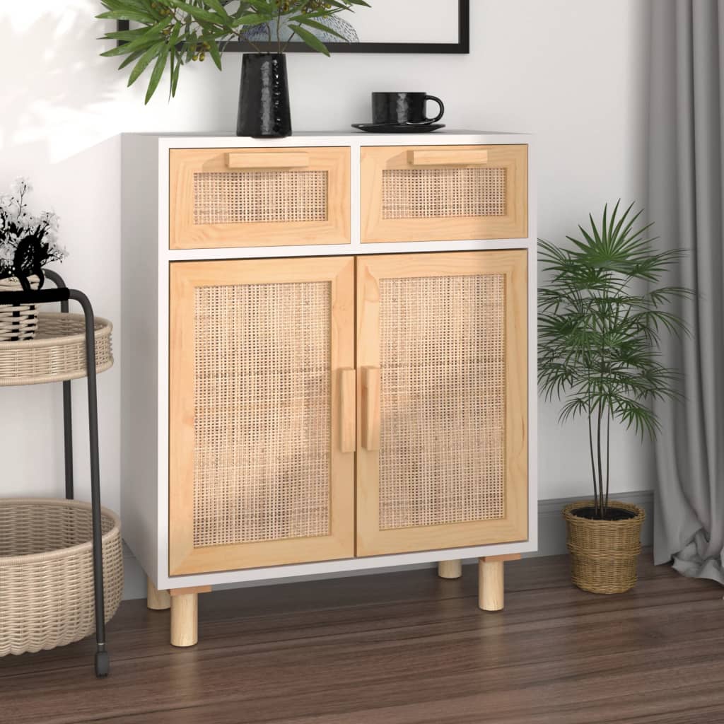 Buffet Blanc 60x30x75 cm Bois de pin massif et rotin naturel - XIOS