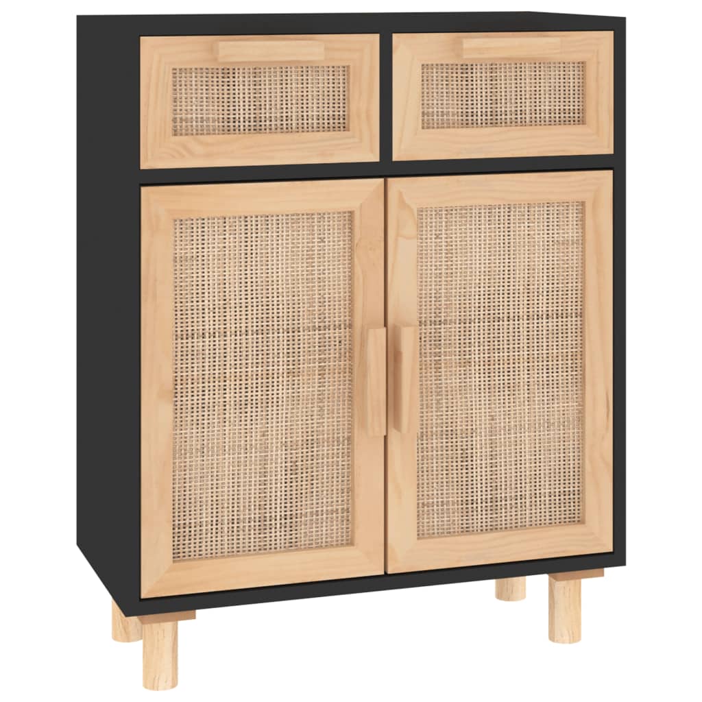 Buffet Noir 60x30x75 cm Bois de pin massif et rotin naturel - XIOS