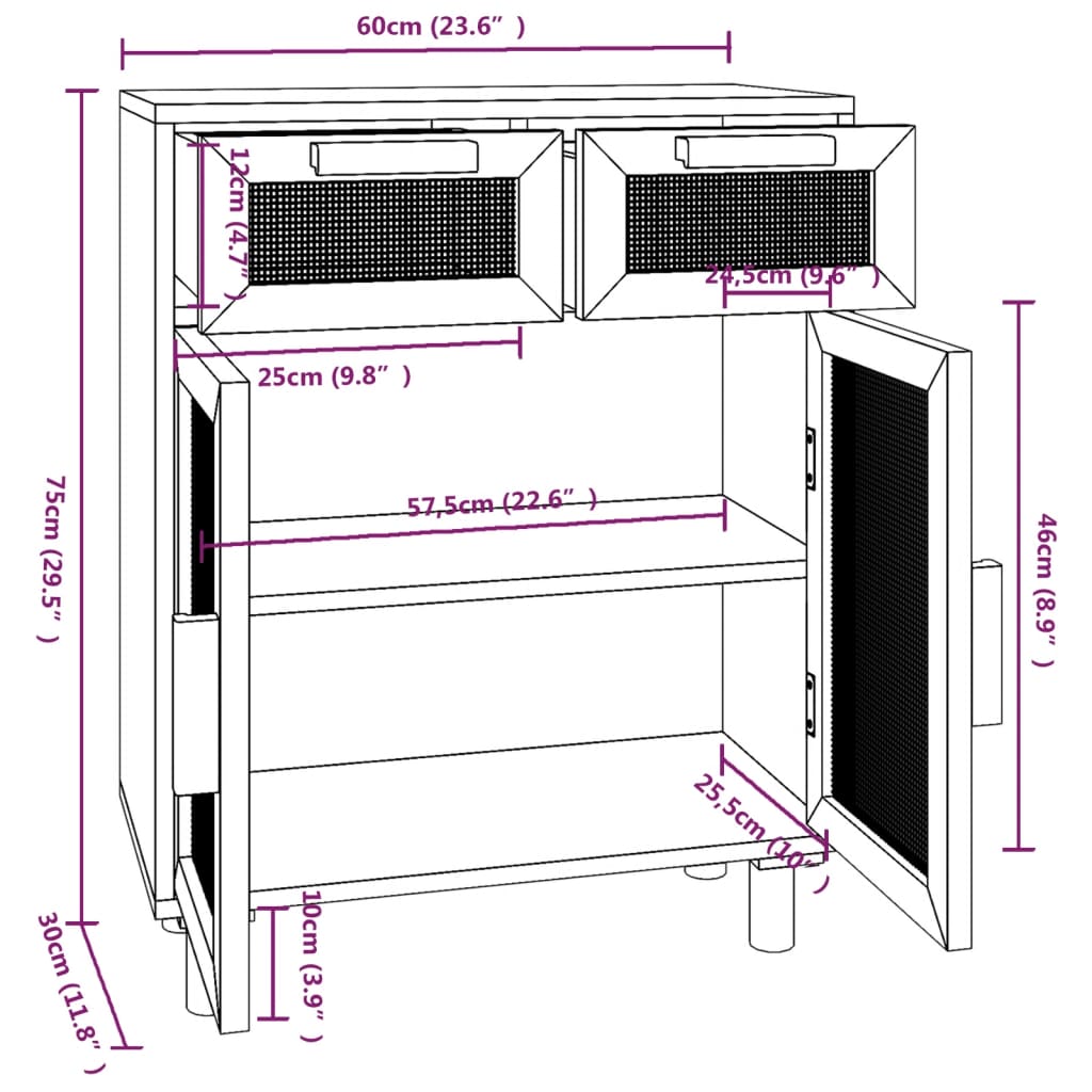 Buffet Noir 60x30x75 cm Bois de pin massif et rotin naturel - XIOS