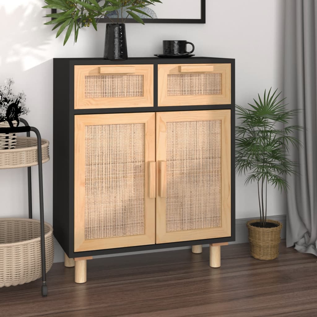 Buffet Noir 60x30x75 cm Bois de pin massif et rotin naturel - XIOS