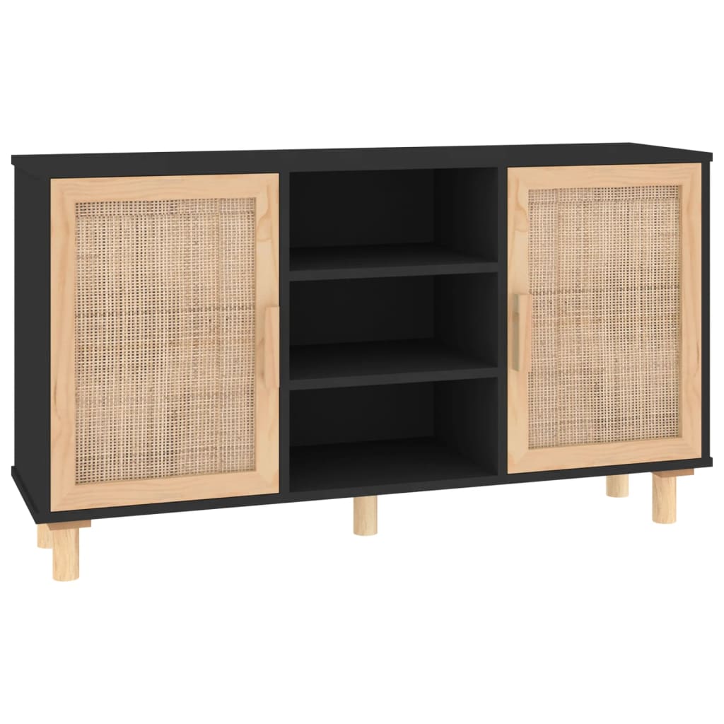 Buffet Noir 105x30x60 cm Bois de pin massif et rotin naturel - XIOS