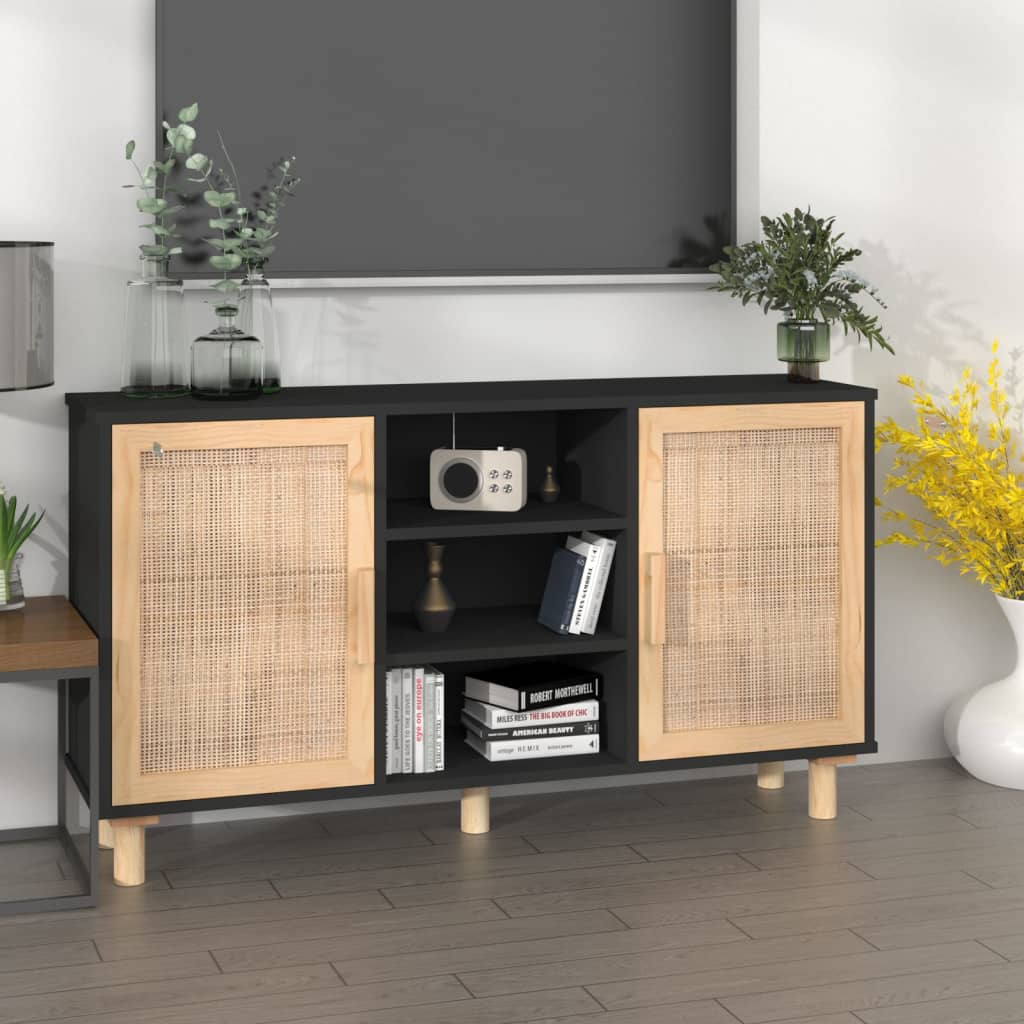 Buffet Noir 105x30x60 cm Bois de pin massif et rotin naturel - XIOS