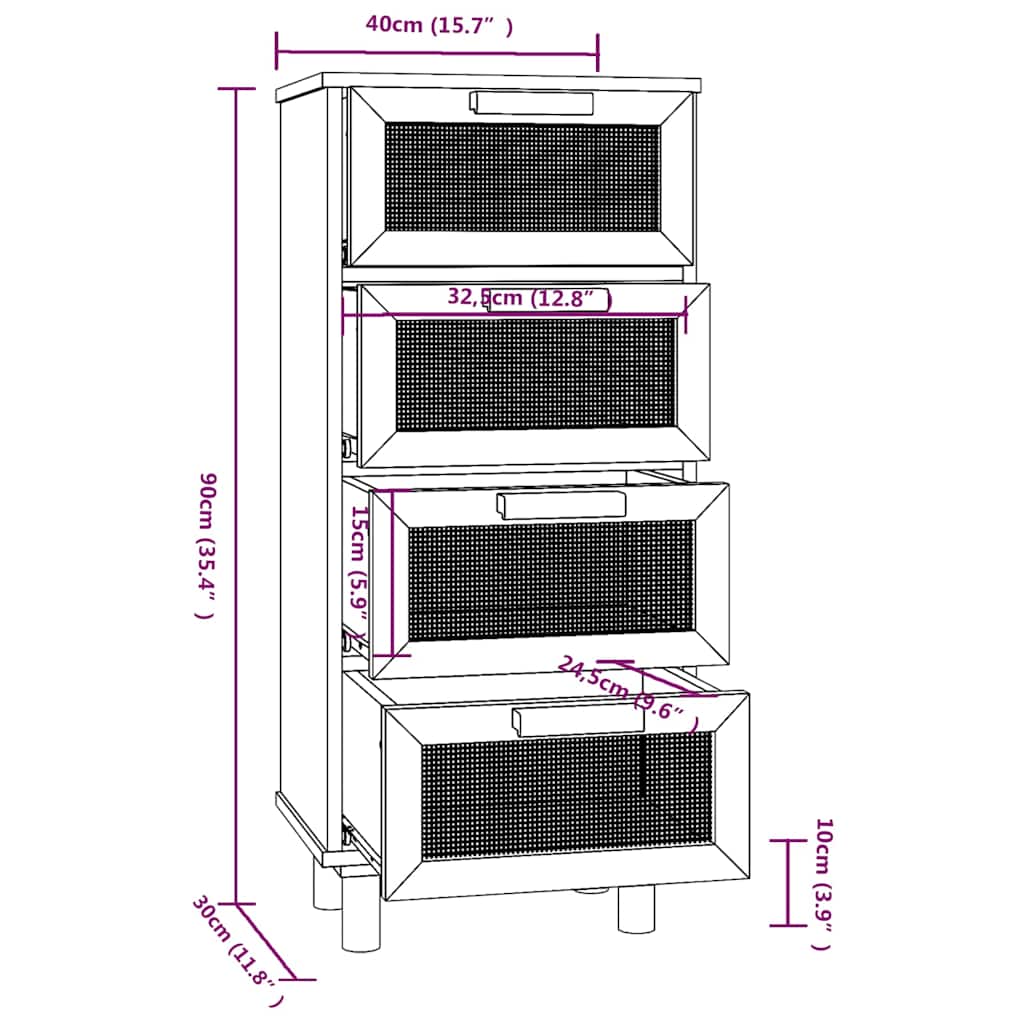 Buffet Blanc 40x30x90 cm Bois de pin massif et rotin naturel - XIOS