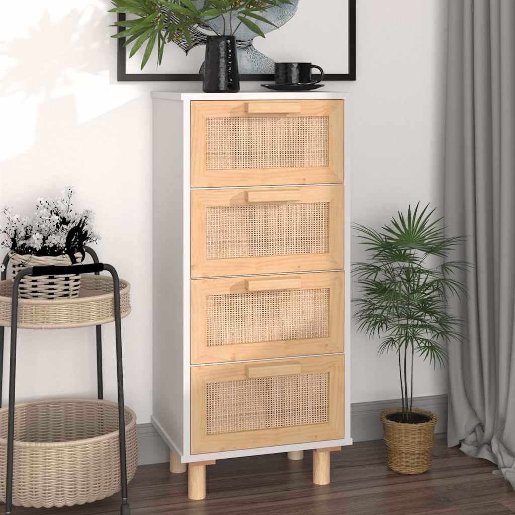 Buffet Blanc 40x30x90 cm Bois de pin massif et rotin naturel - XIOS