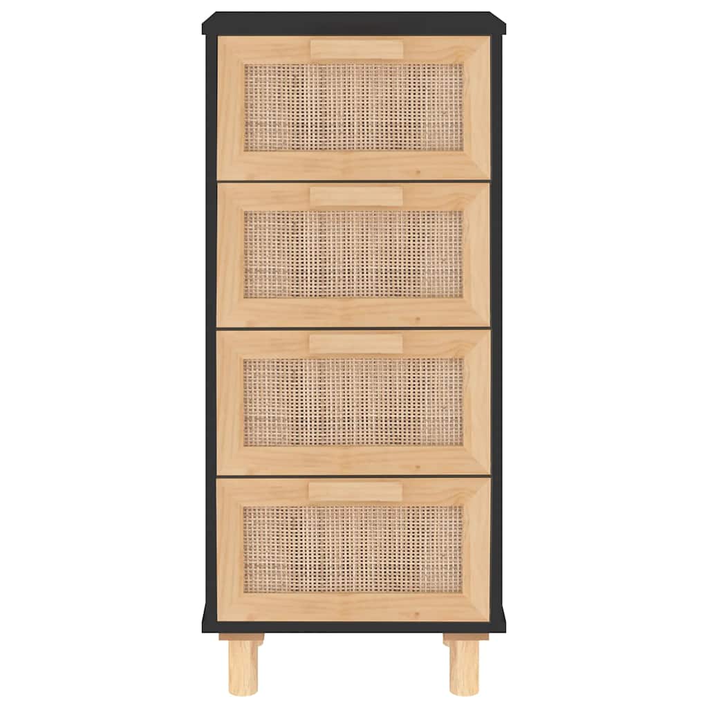 Buffet Noir 40x30x90 cm Bois de pin massif et rotin naturel - XIOS
