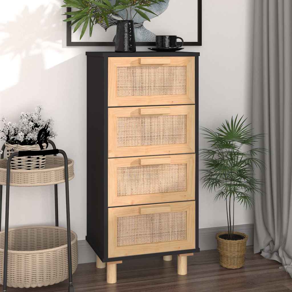Buffet Noir 40x30x90 cm Bois de pin massif et rotin naturel - XIOS