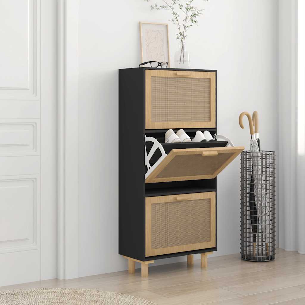 Armoire à chaussures Noir 52x25x115 cm Bois d'ingénierie/rotin - XIOS