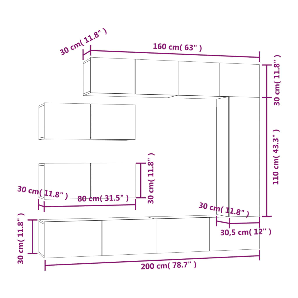Ensemble de meubles TV 7 pcs Gris béton Bois d'ingénierie - XIOS
