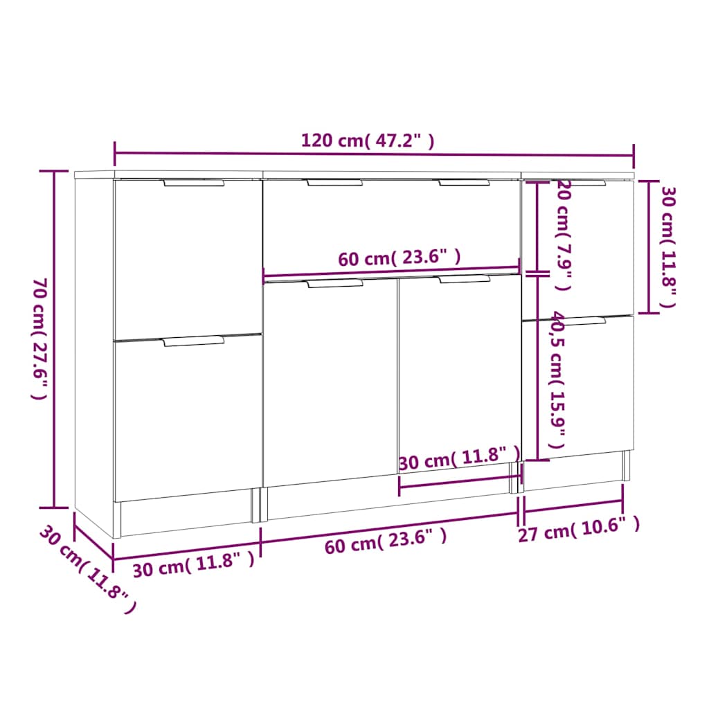 Buffets 3 pcs Blanc Bois d'ingénierie