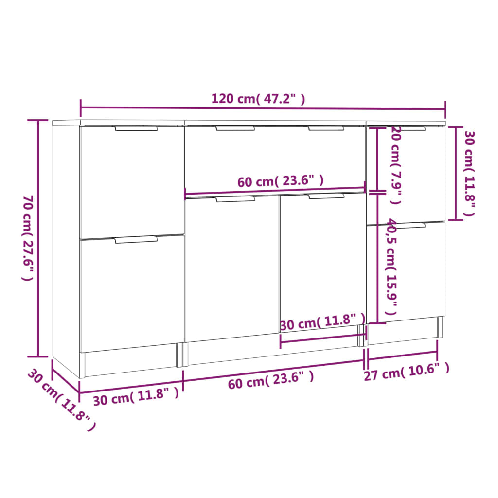 Buffets 3 pcs gris béton bois d'ingénierie - XIOS