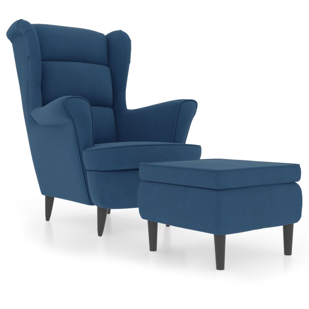 Fauteuil à oreilles avec tabouret bleu velours - XIOS